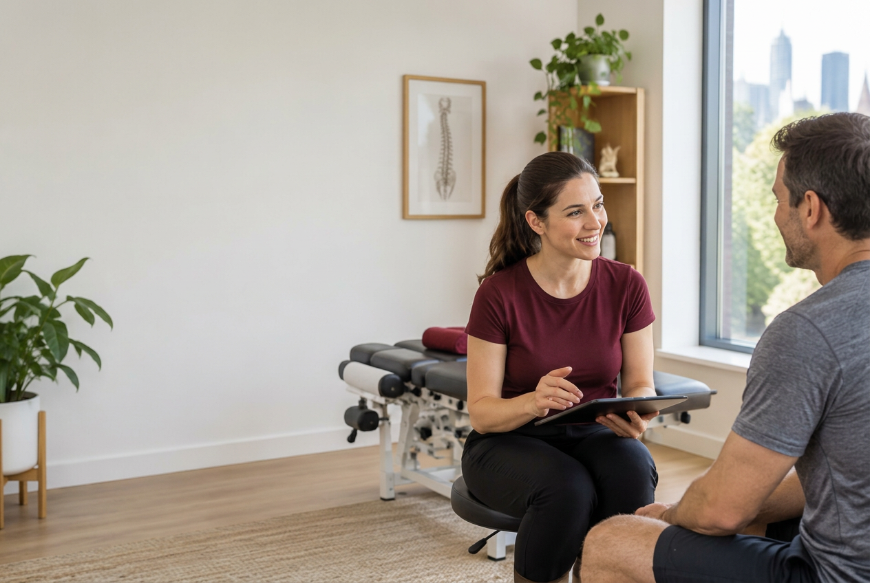 A practitioner listening to an active patient in a bright clinic
